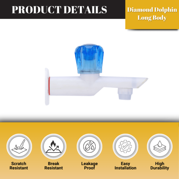 Mashu Diamond Heavy Plastic PVC Diamond Dolphin Long Body (Ceramic Disc Spindle) Tap For Bathroom & Kitchen(Blue & White) - Image 2