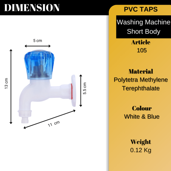 Mashu Diamond Heavy Plastic PVC Washing MAchine Short Body Tap For Bathroom & Kitchen(Blue & White) - Image 5