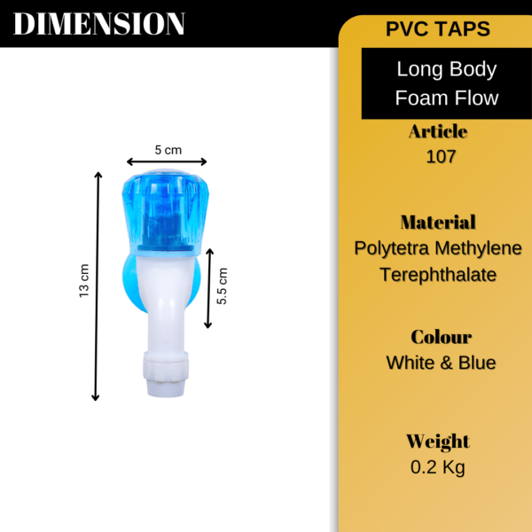 Mashu Diamond Heavy Plastic PVC Long Body Foam Flow Tap For Bathroom & Kitchen(Blue & White) - Image 6