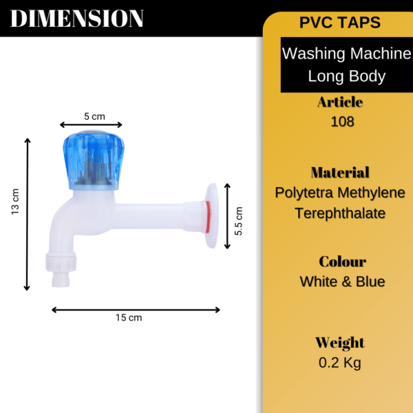 Mashu Diamond Heavy Plastic PVC Long Body Washing Machine Tap For Bathroom & Kitchen(Blue & White) Bathroom & Kitchen(Blue & White) - Image 6