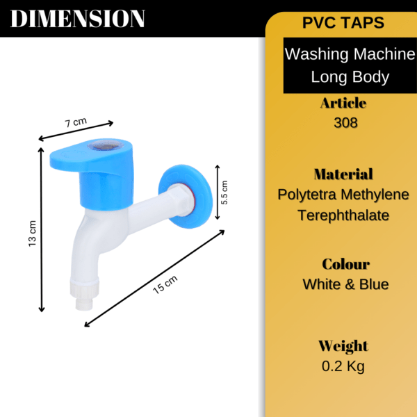 Mashu Opel Heavy Plastic PVC Long Body Washing Machine Tap For Bathroom & Kitchen(Blue & White) - Image 6