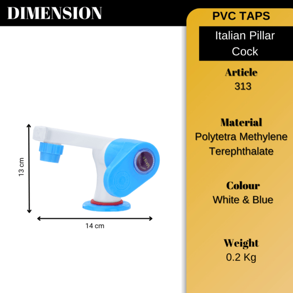 Mashu Opel Heavy Plastic PVC Italian Pillar Cock Tap For Bathroom & Kitchen(Blue & White) - Image 6