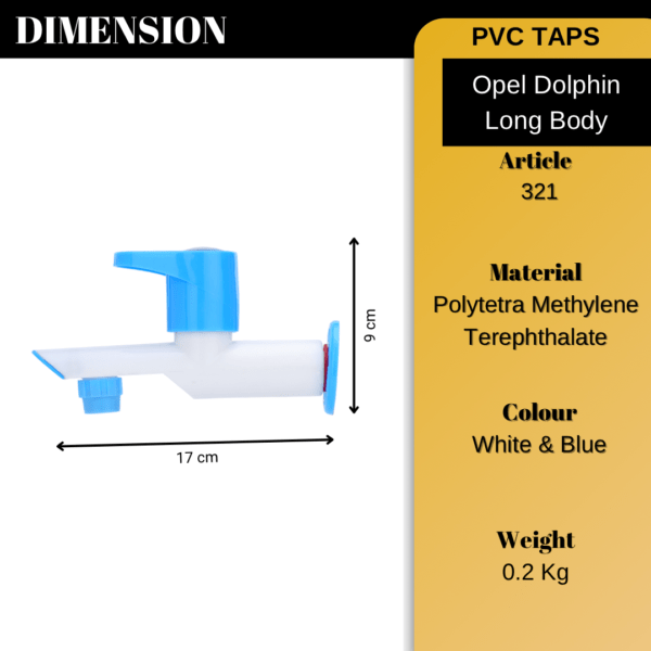 Mashu Opel Heavy Plastic PVC Opel Dolphin Long Body (Cremic Disc Spindle) Tap For Bathroom & Kitchen(Blue & White) - Image 6
